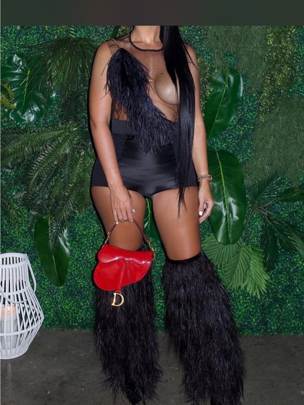 Black Feather Trim Bodysuit with Red Saddle Bag